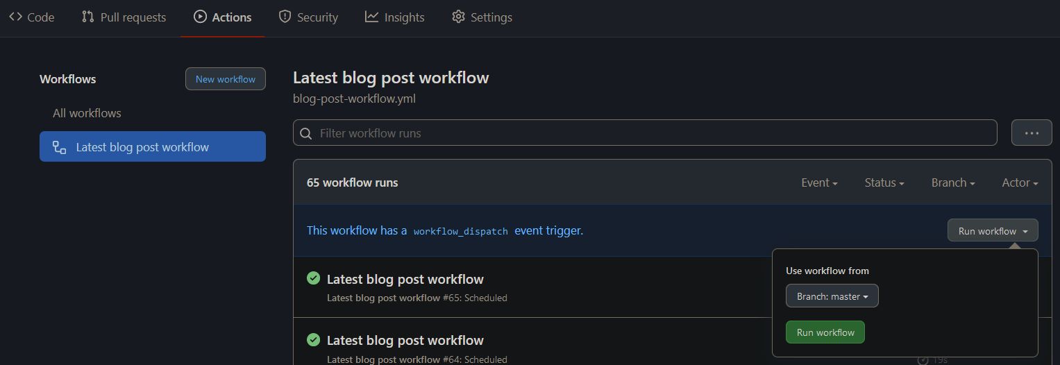 Screenshot of the GitHub Actions Tab, showing how to run the latest blogpost workflow by hand